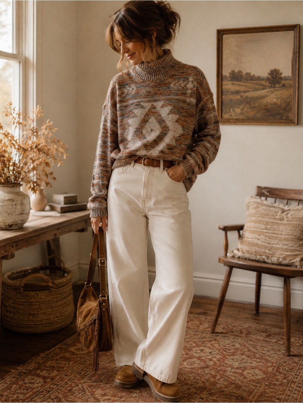 Americhino vintage cotton blend knit sweater with Aztec print. Warm multicolor
